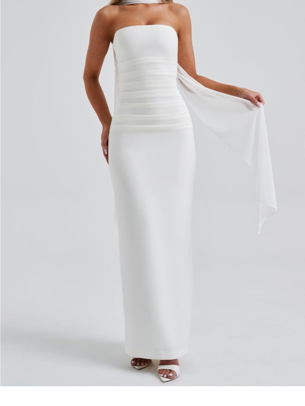 Strapless White Column Evening Dress with Sheer Sash